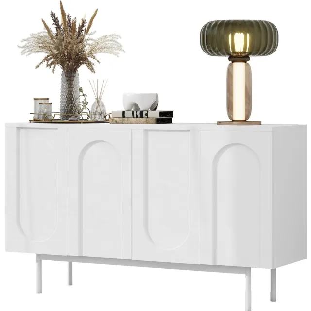 Merax Wit Dressoir – Modern Sideboard Met 4 Deuren In Boogdesign – Opbergkast Van MDF En Metaal – 140 x 42 x 80 cm – Voor Woonkamer - Eetkamer Of Hal – Verstelbare Planken