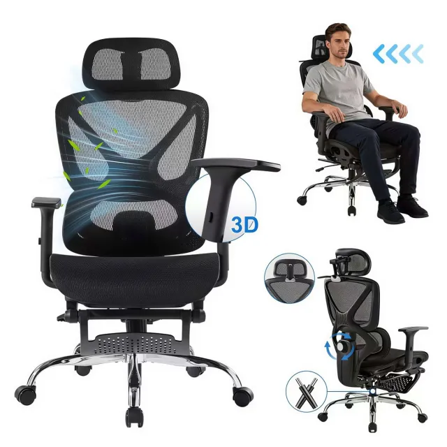 FOXSPORT Ergonomische Bureaustoel - 5D lendensteunsysteem - Armleuningen 4D - Rugleuning 90° tot 135° - tot 115kg Belasting - Bureau stoel voor kantoor, gaming- Zwart