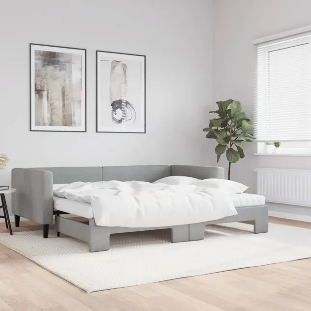 vidaXL Slaapbank onderschuifbed en matrassen 90x190 cm stof lichtgrijs grijs