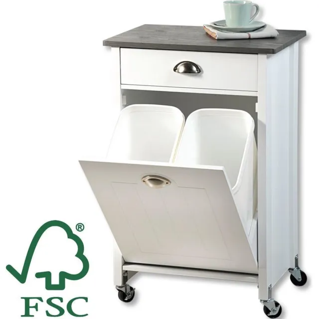 Kesper FSC® Mdf houten Keukentrolley - Met 2 Prullenbakken & 1 Schuiflade - Keukenkast - Bijzettafel - Keuken kast trolley - 50x37x79 Cm FSC® Mdf houten Keukentrolley - Met 2 Prullenbakken & 1 Schuiflade - WIT