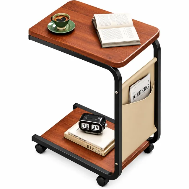 MOLHAUS Bijzettafel op Wieltjes – Bruin – Metalen Frame – Met Opbergtas – Voor Bank, Bed en Woonkamer - 40 x 28 x 63 cm