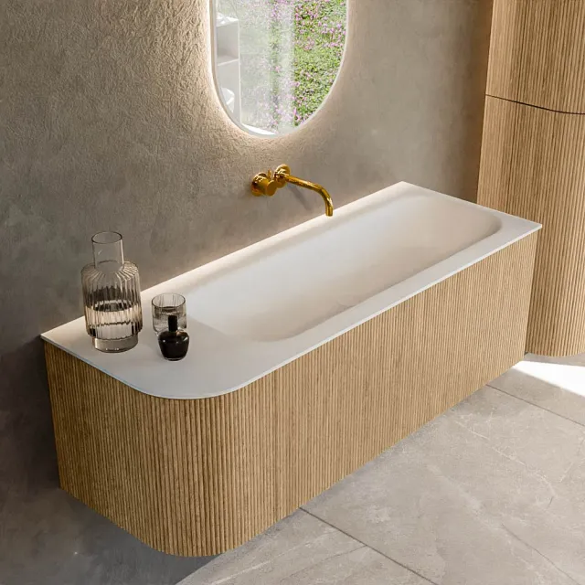 Mondiaz KURVE 125 cm Onderkast Greeploos 1 Lade Met Deuren Oak, Wastafel Solid Surface Rechts Talc 0 Kraangaten Zonder Spiegel (KRVBGM125L1L1D0KR-Oak/Tal)