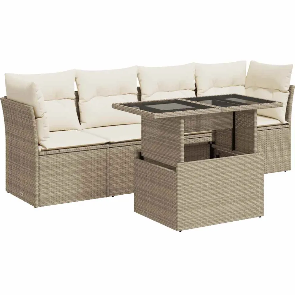 vidaXL 5-delige Loungeset met kussens poly rattan beige, foto 3