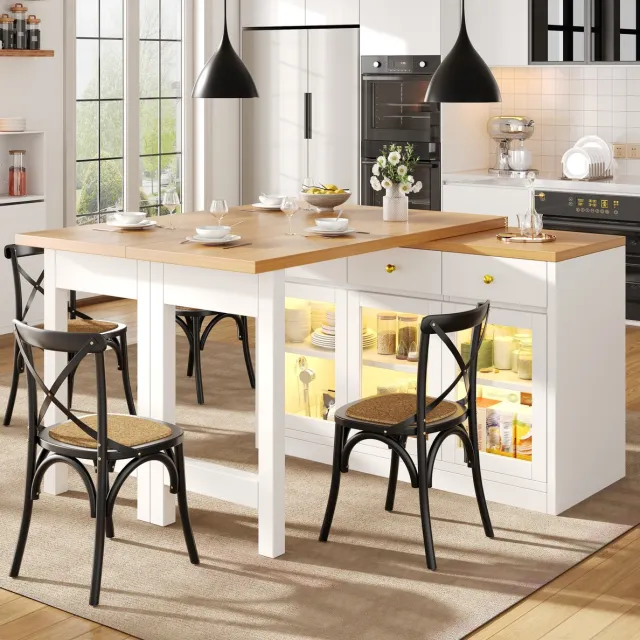 DESMIU Eettafel - Uitschuifbare Keukeneilandtafel Met RGB LED En 3 Lades - Voor Keuken En Eethoek - MDF En Metaal - 120-200x40x75,5 Cm - Wit