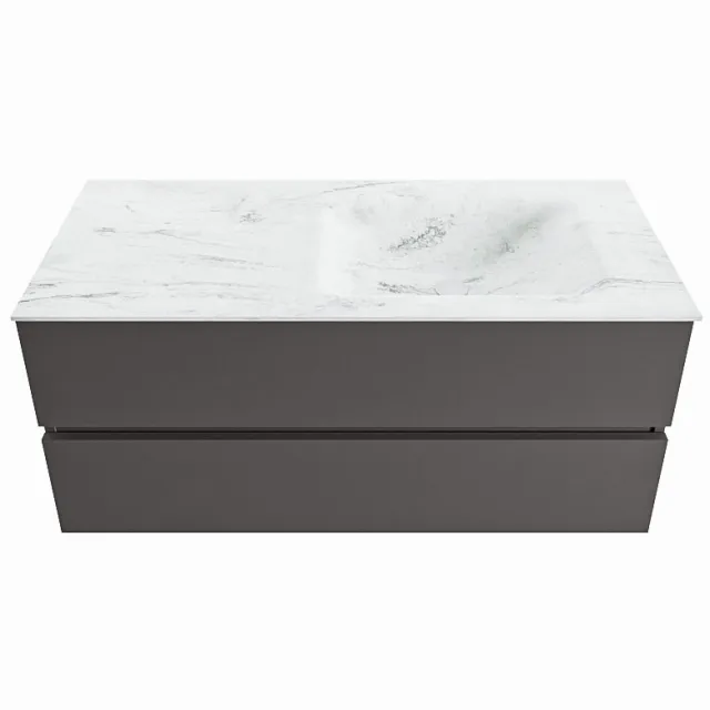 Mondiaz VICA-DLUX 110cm badmeubel onderkast Dark grey 2 lades. Inbouw wastafel CLOUD rechts zonder kraangat, kleur Opalo.