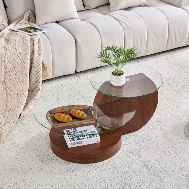 REDOM Salontafel - 2-laags veiligheidsglas - meerlagig ontwerp met opbergruimte - MDF en glas - modern minimalistisch - Transparant en Walnootkleur - 78,5 x 78,5 x 24,5 cm