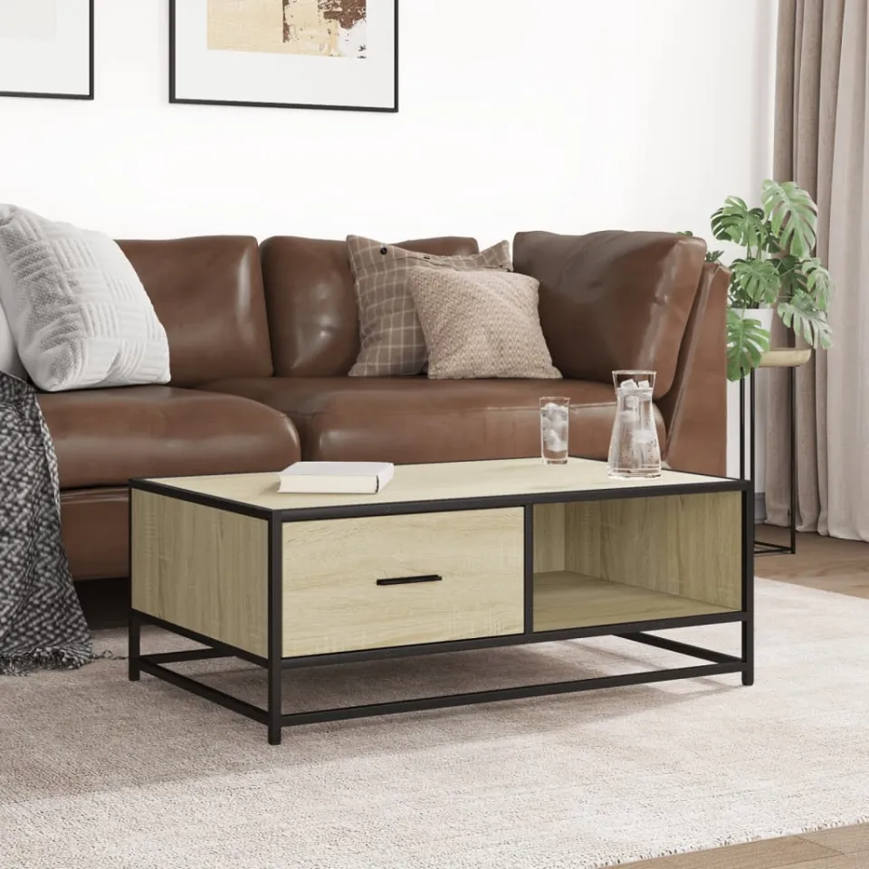 vidaXL Salontafel 90x57x35 cm bewerkt hout en metaal sonoma eiken, foto 2