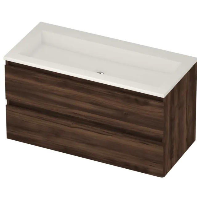 Basic-Line Aura 46 Badmeubelset Acryl Zonder Kraangat Greeploos 100x46x54 cm Barista Oak Glans Wit