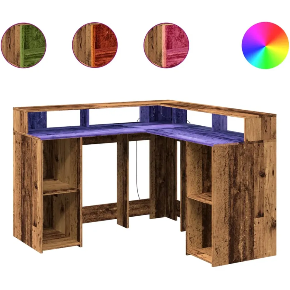 vidaXL Bureau met LED-verlichting 130x130x91 cm bewerkt hout oud hout bruin, foto 3