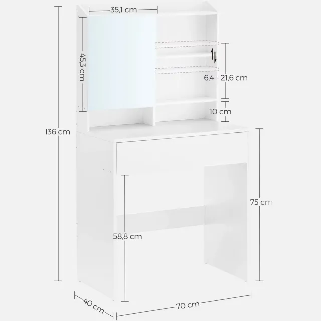 JOYNEXTBUY Kaptafel - Make-up tafel - Bureau - Met spiegel - Verstelbare planken - 70x40x136 cm - Met lade - Spaanplaat - Wit