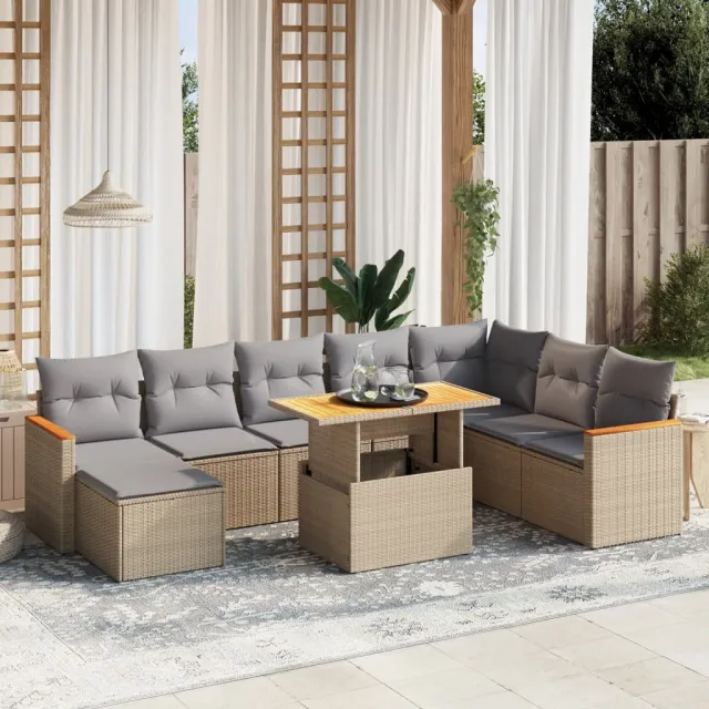 vidaXL 9-delige Loungeset met kussens poly rattan beige, foto 2
