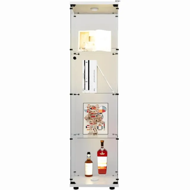 RFWR LED Verlichting Vitrinekast - 4 Planken, Vloerstaande Boekenplank met Deur voor Huiskamer en Kantoor - Wit