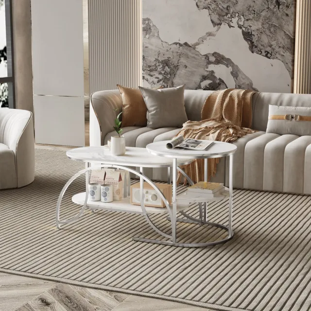 Yelenaro Salontafel Set van 2 - Marmerlook - Metalen frame - Grote Tafel 80x46x45cm, Kleine Tafel 52x52x51cm- Bijzettafeltjes Woonkamer - Zilverkleurig
