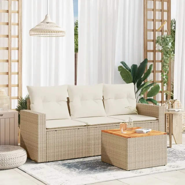 vidaXL 4-delige Loungeset met kussens poly rattan beige, foto 2