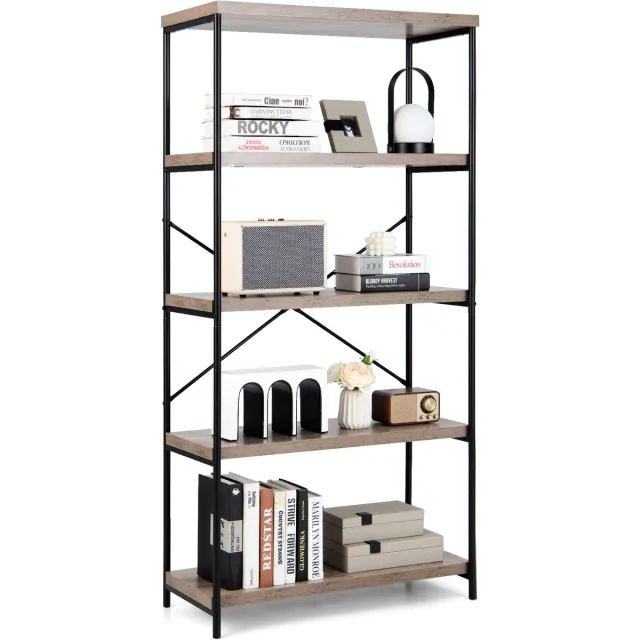 Costway Boekenkast met 5 niveaus, staand rek met metalen frame, vrijstaand rek, kantoorrek voor woonkamer, slaapkamer, werkkamer, 79 x 35 x 160 cm, industrieel design (reizen) Grijsbeige