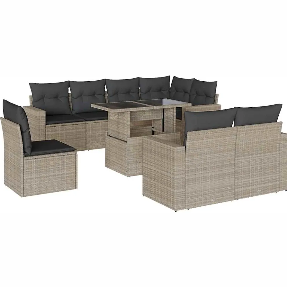 vidaXL 9-delige Loungeset met kussens poly rattan lichtgrijs