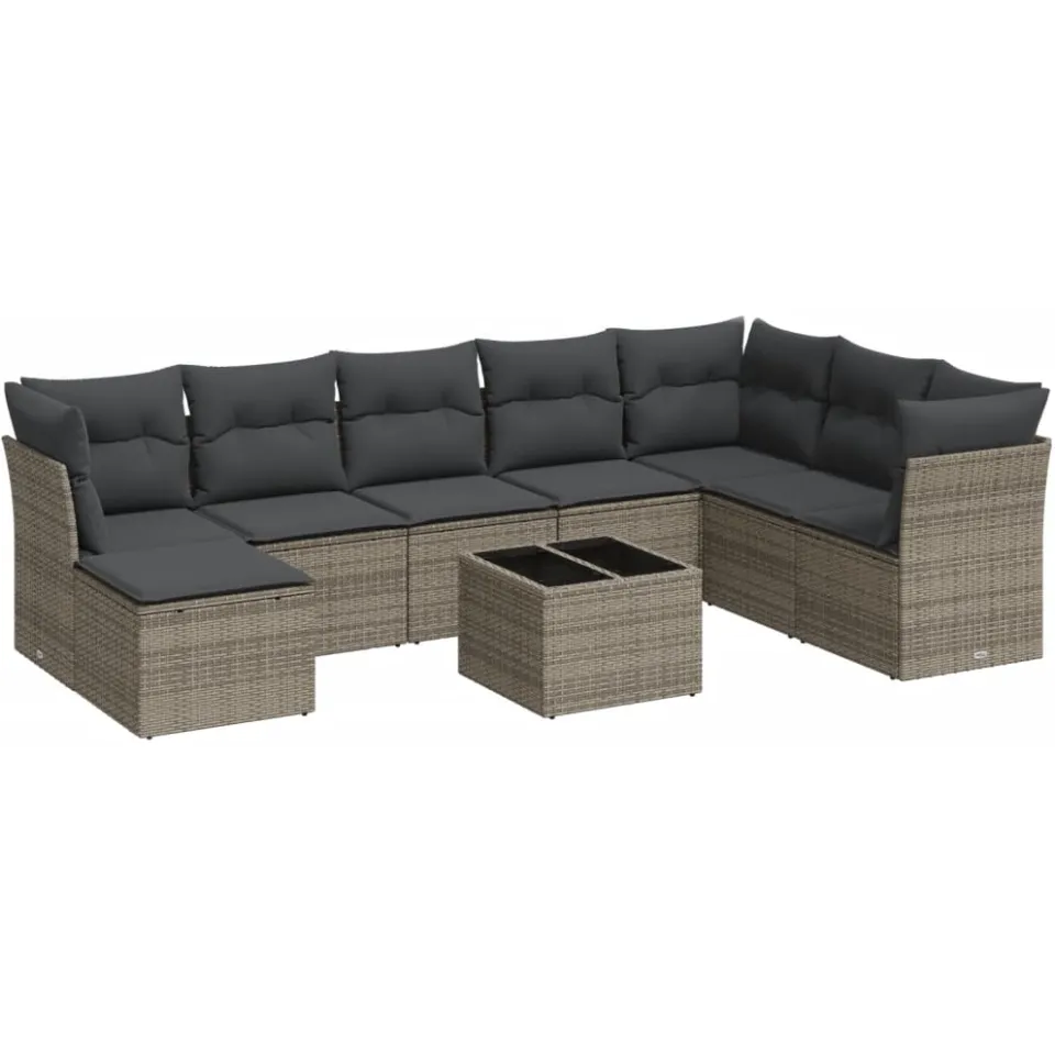 vidaXL 9-delige Loungeset met kussens poly rattan grijs, foto 3