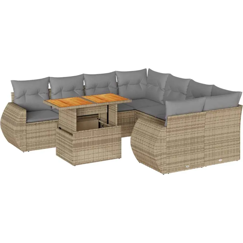 vidaXL 9-delige Loungeset met kussens poly rattan beige, foto 3