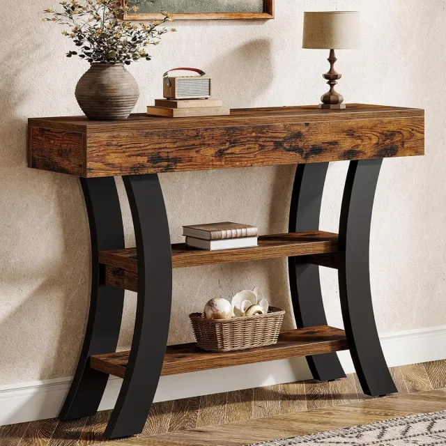 Tribesigns Kleine Consoletafe - Sidetable met Planken en Gebogen Frame - Rustiek Bruin - 105 x 30 x 80 cm - Console Tafel voor Hal, Woonkamer, Entree