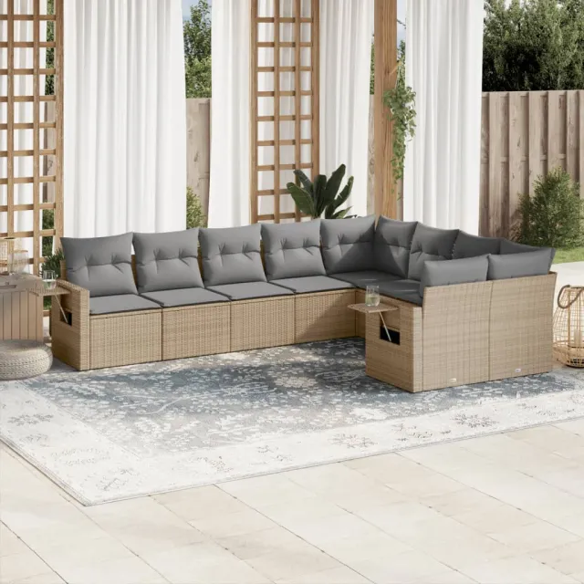 vidaXL 9-delige Loungeset met kussens poly rattan beige, foto 2