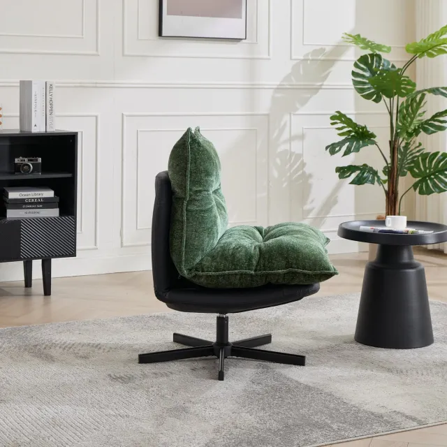 REDOM Draaibare Relaxstoel - 3-Standen Rugleuning En 360° Draaifunctie - Industrieel - Voor Leeshoek - Chenille En Metaal - Donkergroen Zwart