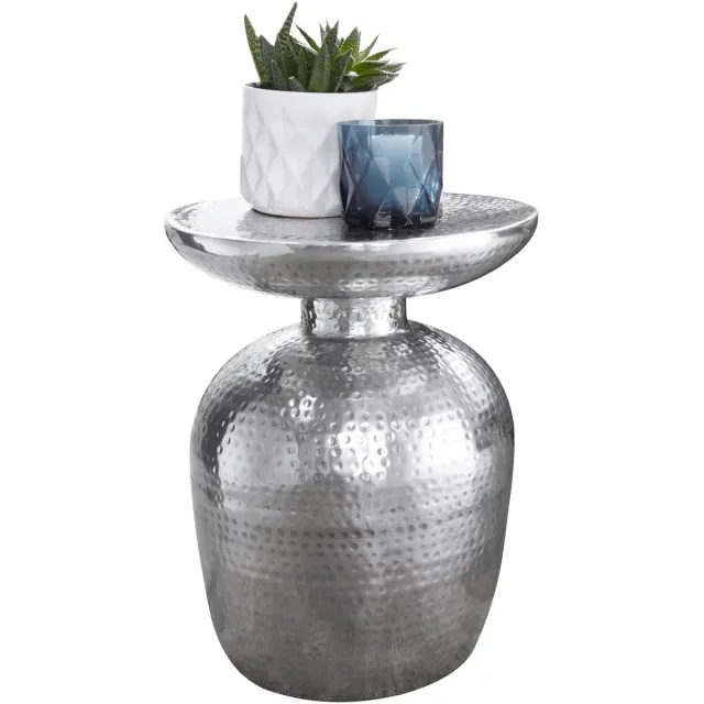 Sky Style bijzettafel DELYLA aluminium 36 x 46 x 36 cm tafel zilver oosters rond | Designtafel design metaal modern | Kleine tafel | Kleine Hammerschlag Abstelltisch Zie omschrijving