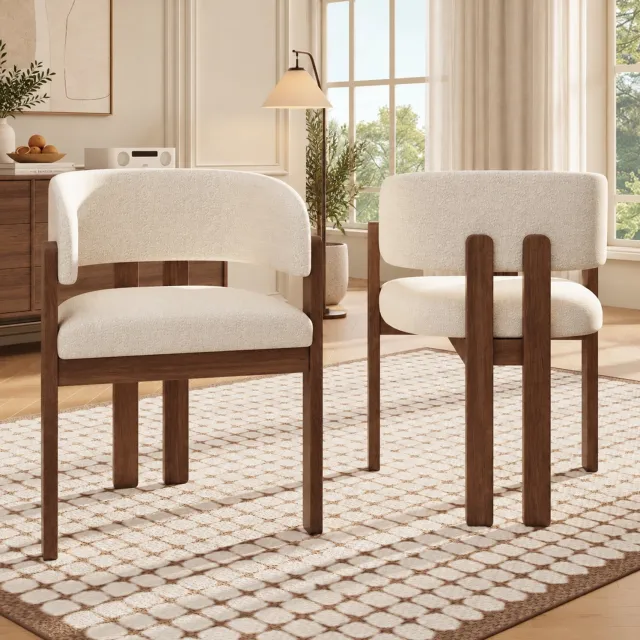 STILVORA Eetkamerstoel 60 x 51 x 80 cm - Set van 6 met Armleuningen - Voor Eetkamer en Woonkamer - Hout en Bouclé - Walnootkleurig en Beige
