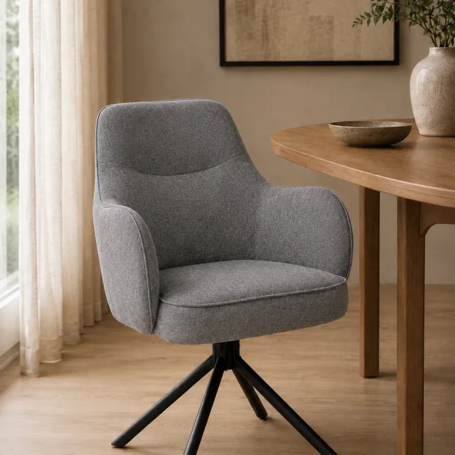 The Seats Eetkamerstoel Jens – Draaibare Armstoel – Polyester Stof – 180° Auto Return - Grijs