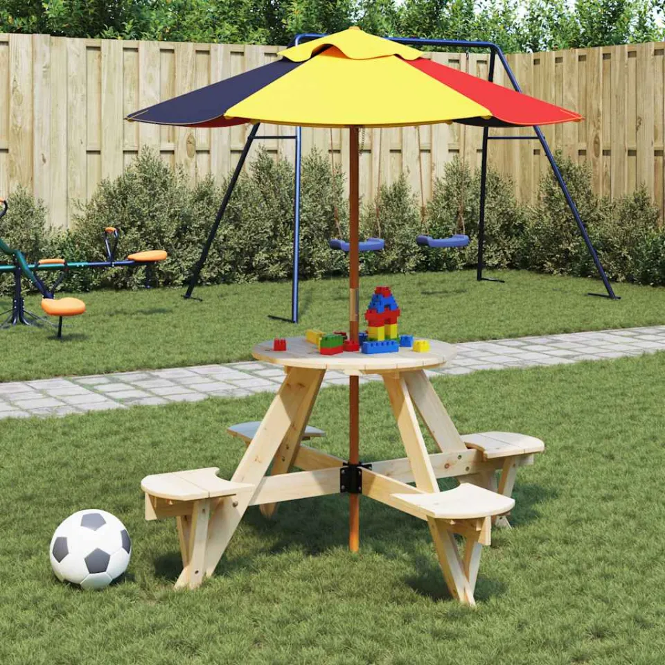 vidaXL Picknicktafel voor 4 kinderen met parasolgat rond vurenhout bruin, foto 3