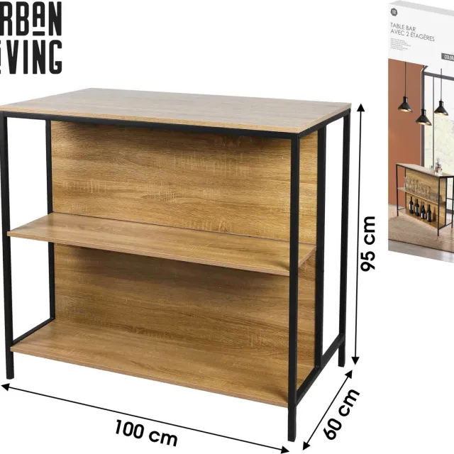 Urban Living "COLORADO" TABLE BAR AVEC 2 ETAGERES 100X60XH95CM Zwart en Sonoma eiken
