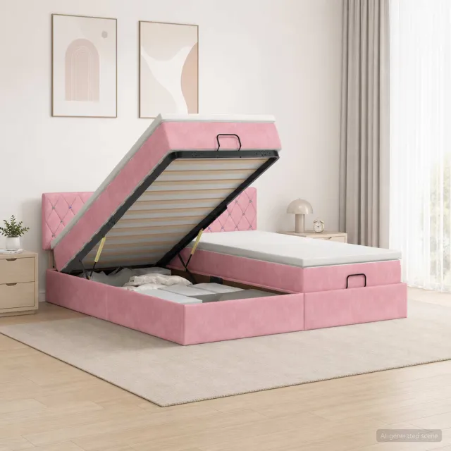 vidaXL Ottoman Bed met Matrassen en LED Roze 200 x 200 cm fluweel