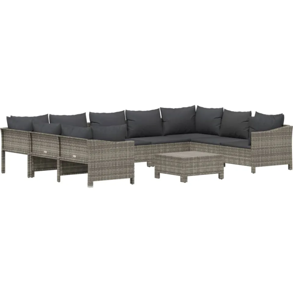 vidaXL 10-delige Loungeset met kussens poly rattan grijs