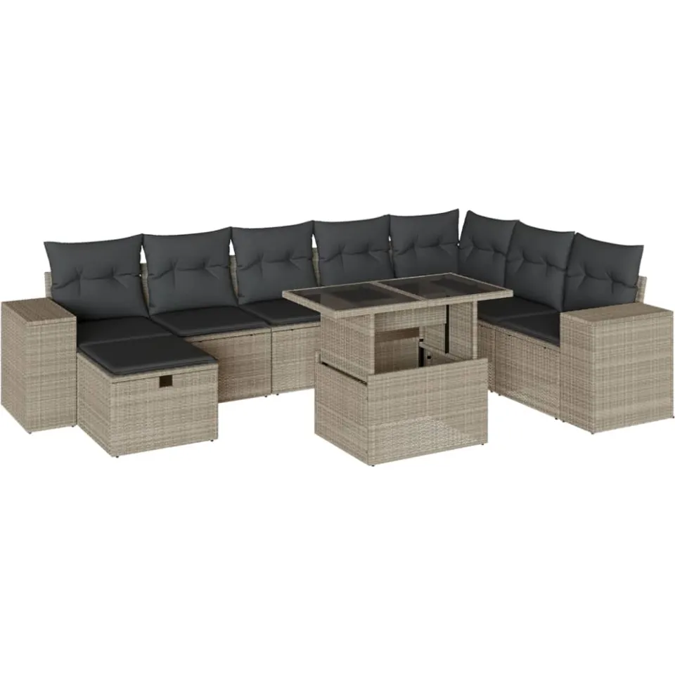 vidaXL 9-delige Loungeset met kussens poly rattan lichtgrijs