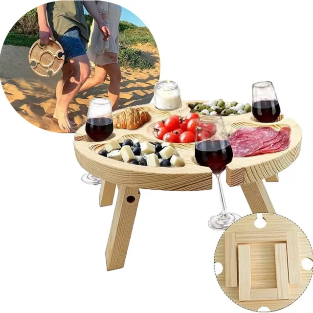 Mainius Stevige Mini Wijntafel van Dennenhout | ⌀ 30 cm | Opvouwbare Picnic Tafel | Kleine Barbecue Tuintafel | Ideaal Voor Buiten, Camping, Strand & Boot