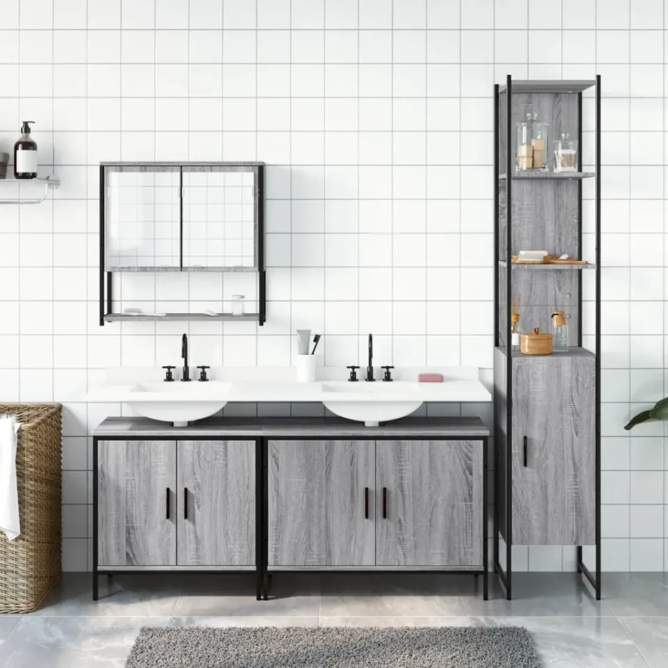 vidaXL 4-delige Badkamermeubelset bewerkt hout grijs sonoma eikenkleur, foto 3