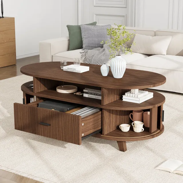 Wishdor Ovale salontafel met opbergruimte - Draagvermogen 30 kg - Lade en twee roldeuren - Drie open vakken - Scandinavische stijl - Woonkamer - MDF en houtlook - Walnootkleur - 100 x 50 x 40 cm