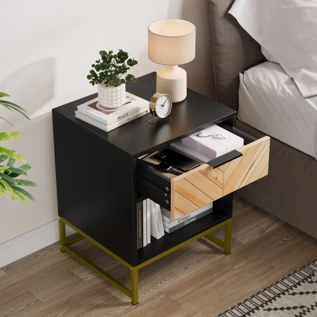 COVREO Nachtkastje 42,9x39,8x55,1 cm - 1 lade, open vak, zwart en naturel, MDF