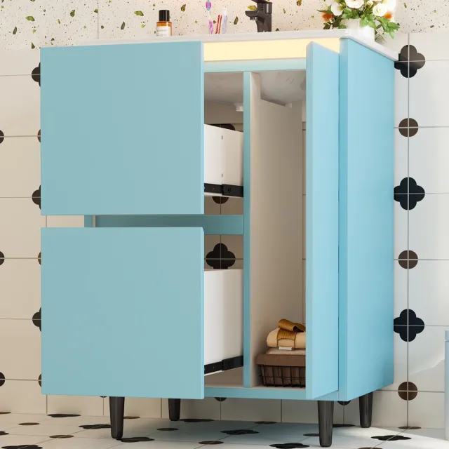 HAUSS SPOLE Badkamermeubel - Vrijstaand Met Keramische Wastafel En 2 Laden - Voor Badkamer - Keramiek En MDF - 61x46,5x87 Cm - Blauw