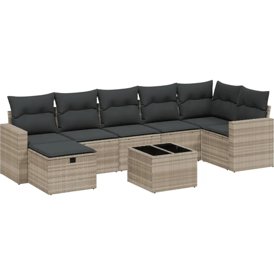 vidaXL 8-delige Loungeset met kussens poly rattan lichtgrijs