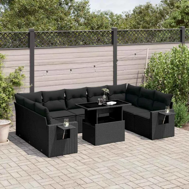 vidaXL 10-delige Loungeset met kussens poly rattan zwart, foto 2
