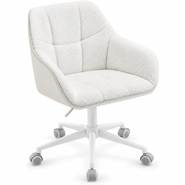 Luxevo Bureaustoel – Bouclé/Sherpa – Draaibare Bureaustoel met Wielen – In Hoogte Verstelbaar – Kuipstoel – Wit