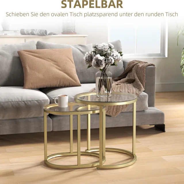 DESMIU Salontafel Set - Stapelbare Bijzettafels Van 2 Met Glasblad En Verstelbare Voeten - Voor Woonkamer - Goud - 50 X 50,5 En 60 X 36 X 43,5 Cm Gold