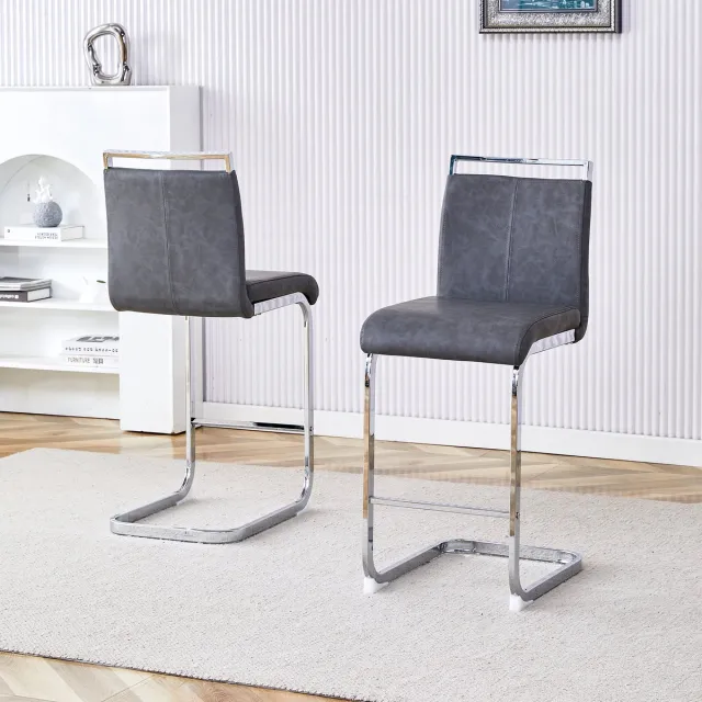 STILVORA Barkruk 96,5 Cm - Set Van 2 - Stabiele Metalen Poten Met Voetsteun - Voor Keuken Bar En Horeca - Kunstleer Donkergrijs Zilver