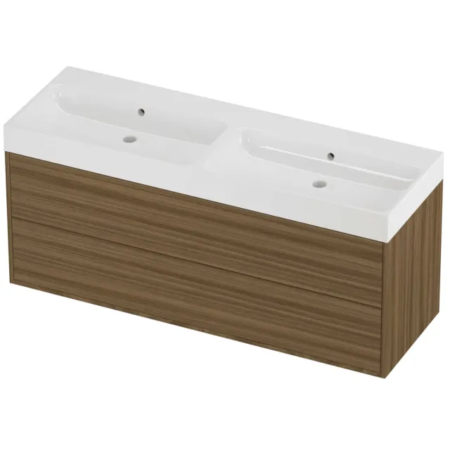 Proline Podium Badmeubelset Polystone Loft Dubbel 140x46x62 cm Glans Wit Caramel Walnut Houtlook