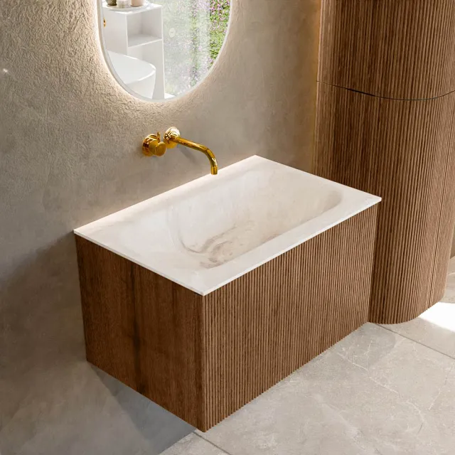 Mondiaz KURVE-DLUX 70 cm Onderkast Greeploos 1 Lade Zonder Deuren Walnut, Wastafel Solid Surface Volledig Frappe 0 Kraangaten Zonder Spiegel (KRVBGS701L0D0KM-Wal/Fra)