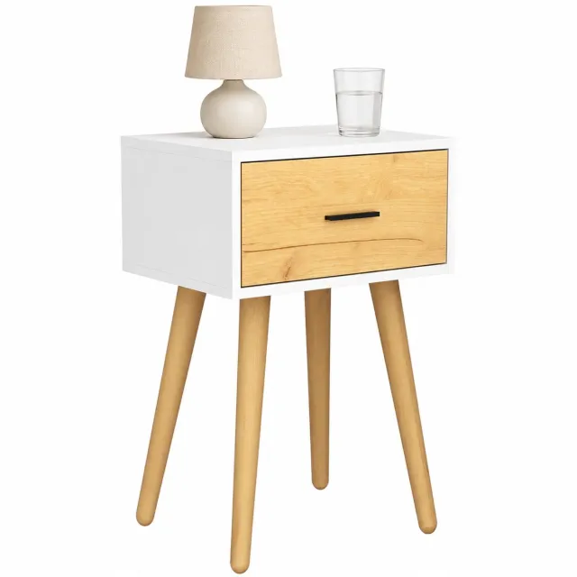 Vcm Beistelltisch Nachttisch mit Schublade, 45 x 30 x 56 cm, Holzoptik, modernes Retro-Design - Singol Weiß / Honig-Eiche