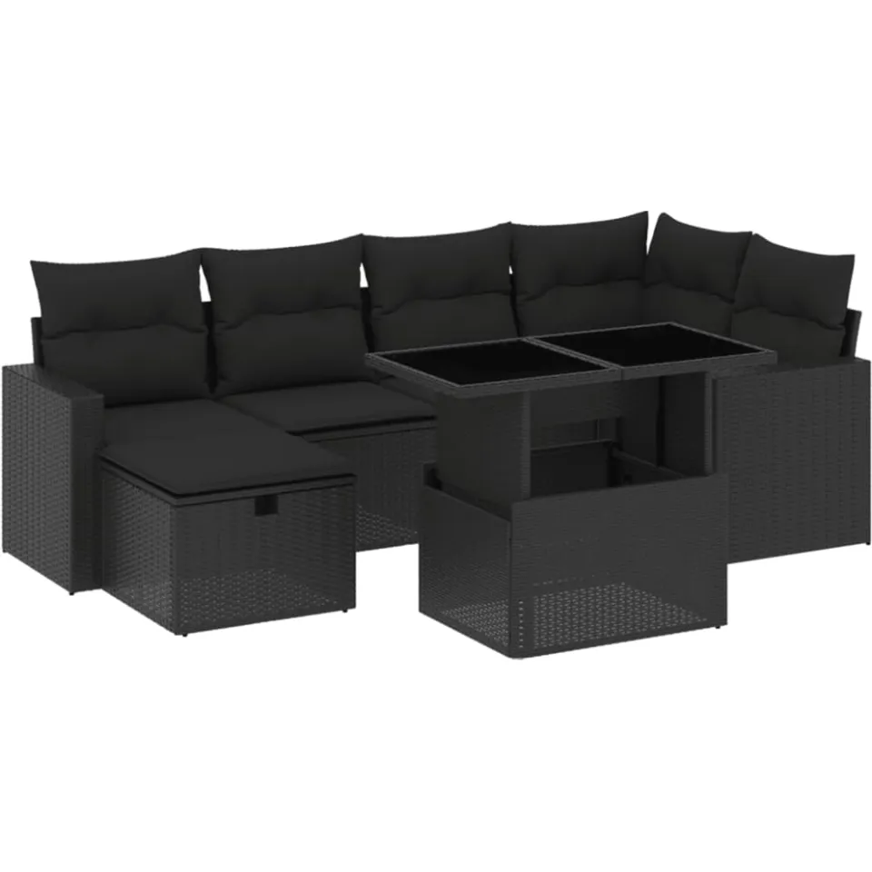 vidaXL 7-delige Loungeset met kussens poly rattan zwart, foto 3