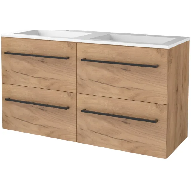 Boss & Wessing Badmeubelset BWS Salt 120x46cm Met Grepen 4 Lades Met Wastafel Acryl 2 Kraangaten Whisky Oak Bruin