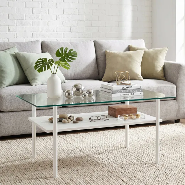 MODFU Rechthoekige Salontafel - 2 Niveaus - Modern - Glas En MDF - Wit - 98 X 58 X 45 Cm