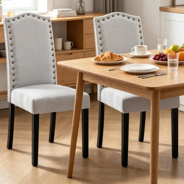 WUVRIE Eetkamerstoelen set van 2 - Hoge rugleuning en stoffen zitting - Lichtgrijs